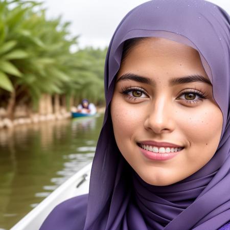 A beautiful, smiling Arabic female is seated on a boat in the middle of a river beach, surrounded by the sound of rain and the distant roar of a waterfall. She is dressed in a traditional hijab, a soft lavender shade that brings out the color in her eyes. Her hair is neatly tucked away, but a few stray tendrils escape and frame her face.