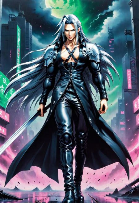 Sephioth Coat pauldrons pants shirtless fantasy painting cyberpunk  katana Masterpiece 