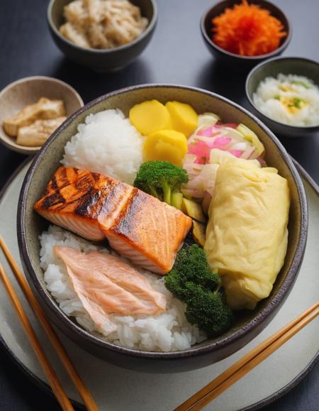 A single bowl of Japanese-style lunch with grilled salmon, steamed rice, tamagoyaki (rolled omelet), and pickled vegetables, food photography, food focus.