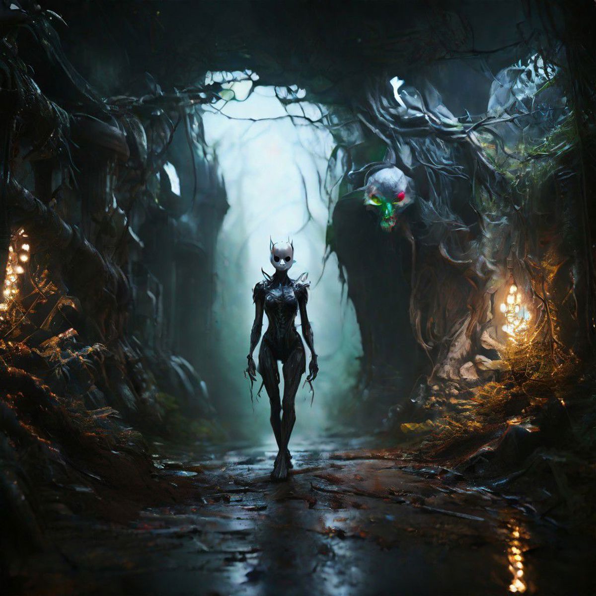 A woman in a dark cave surrounded by strange creatures.