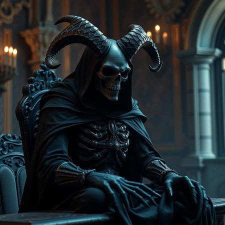 Create a highly detailed, 8K portrait of a grimdark lich Skeletor, full-body with horns, sitting on a table. The image should feature a black cloak, be rendered in a 2018 style, and have a photo quality. Incorporate micro details, follow the golden ratio, and achieve a surrealistic and dramatic atmosphere. The output should be in 4K or 8K, with a full-width, mastodon-inspired design.