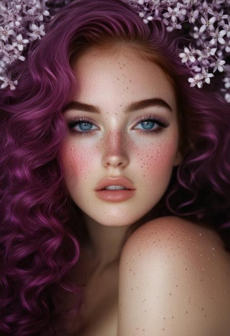 This is a high-resolution, highly detailed photograph of a young woman with an ethereal, dreamy quality. She has light, creamy skin and striking, piercing blue eyes that are wide open, gazing directly at the camera. Her face is covered in tiny, sparkling snow specks, likely a makeup effect, which adds a magical, otherworldly glow to her appearance. Her skin is dotted with freckles, particularly prominent on her nose and cheeks. 
Her long, wavy hair is a vibrant, neon purple, cascading down her shoulders, and adored with tiny lilac blossoms blending into her surroundings.rockabilly style, 1girl, freckles, solo, flower, looking at viewer, pink hair, pink flower, long hair, eyelashes, portrait, 1950's