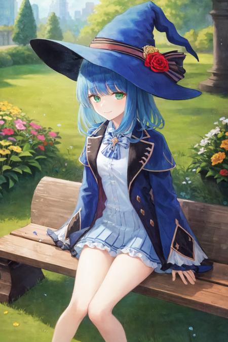 masterpiece, best quality, sharon, 1girl, witch hat, blue hat, blue robe, smile, brooch, blue ribbon, small dress, white dress, blue bow, green eyes, loose sleeve, portrait, blue hair, (short hair:0.7), flower garden, bare legs, sitting on bench, flower field,