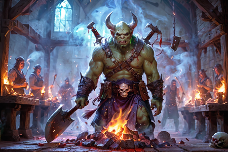 bioluminescent, an orc butcher with green skin, wearing a blood-stained apron, chopping meat with a cleaver, solo, from the Skullsplitter Clan, with spiked armor and skull helmets, an orc feast hall with long wooden tables, roasted meat, bone decorations, detailed background, building a tent, hammering stakes, calm, relaxed posture, environment focus, wide shot, a pit fight tournament with orcs fighting, crowds cheering, blood on the ground, a wooden bow with a quiver of arrows, nearby, on a forge floor, soot-covered, night, starry sky, moonlight glow, cool shadows, afternoon, golden sunlight, long shadows, warm breeze, best quality, vibrant colors, realistic style, high detail, high-definition, hyper-realistic, extremely high-resolution details, fine texture, incredibly lifelike, realistic, not cartoon, not drawing, highres, 4K resolution, source photo, realistic photo, masterpiece, best quality, amazing quality, very aesthetic, ultra-detailed, detailed textures, natural lighting, soft light, shadowy tones, deep blacks and grays, soft light, low angle shot, looking up, <lora:Mystic_Lumina_r1-000007:0.9>