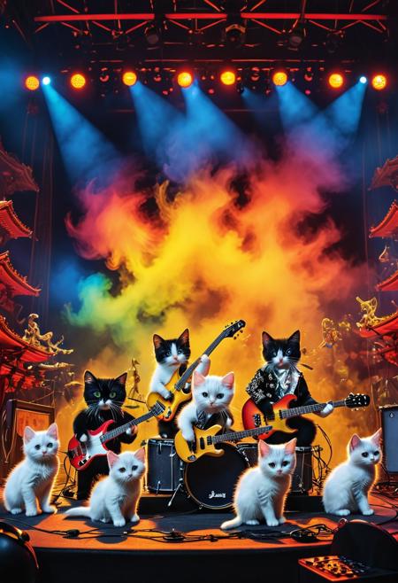 Introducing the most adorable heavy metal band in the world, featuring a white kitten, a black kitten, and a calico kitten, each playing their respective instruments: guitar, bass, and drums. The stage is set at the iconic Japan Budokan, illuminated by vibrant and colorful laser lights that create a stunning visual impact. The atmosphere is further amplified by the presence of smoke and the bold composition of the band, forming a memorable and exciting performance.