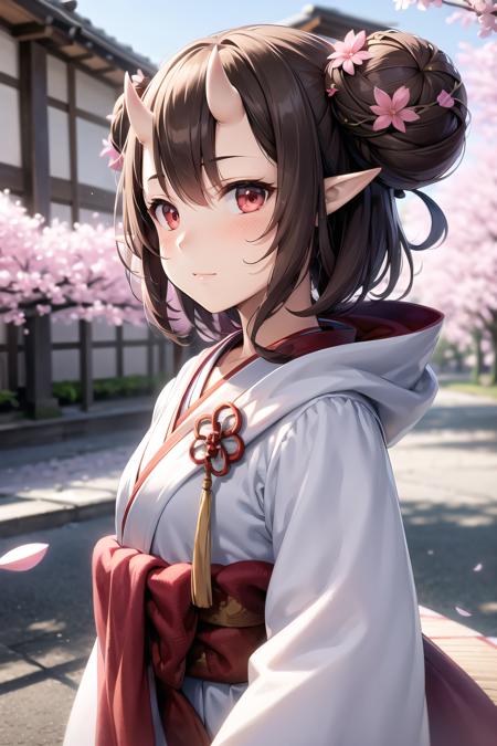 masterpiece, best quality, momonosei, ultra_high_res, realistic, lustrous skin, ray_tracing, detailed_background, 3d face, 
1girl, solo, hood up, brown hair, japanese clothes, horns, kimono, oni horns, hood, red eyes, hair between eyes, hair ornament, pointy ears, wide sleeves, long sleeves, skin-covered horns, hair flower, uchikake, bangs, double bun, hair bun, red sash, blush, sleeves past wrists, tassel, wataboushi, obi, short hair, small breast,  sash, 
upper body, street, close mouth, Cherry blossoms, from side, 
<lora:momonosei:1:MIDD>