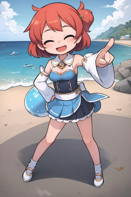 masterpiece, best quality,
1girl, pleated skirt, blue dress, detached sleeves, lace, frills, medium breasts, hand on hip, legs apart, pointing at viewer, pointing, one eye closed,
foreshortening, perspective,
caustics, ocean, cloudy sky, beach,