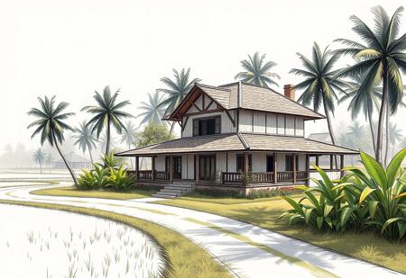 (Ultra-realistic, 32k, Masterpiece, High Quality, Detailed Realistic Background, Official Art, Realistic Lighting, filmfotos).
Sketch design, illustrator art, hyper detail architecture design sketch.
Japandi house, two stories farmhouse, Nearby farmland and garden. Direction connected road. Surrounded by Tropical trees.
60% Primary: Dusty Gray, Taupe.
30% Secondary: Lime Green, Dark Green, Saddle Brown.
10% Accent: Light Salmon, Pale Cyan, Brick Red.