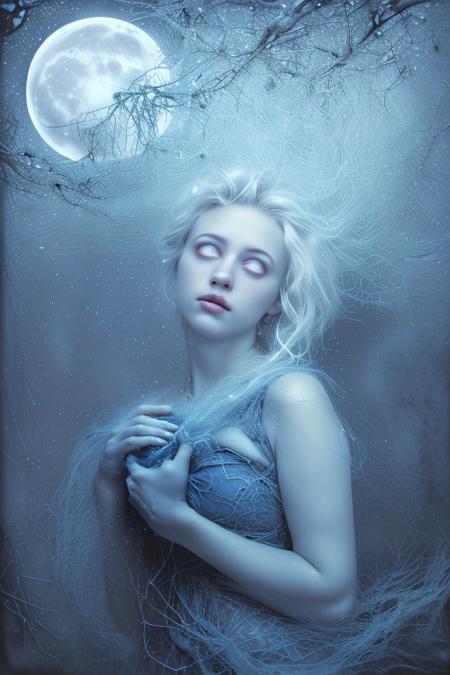 cyanotype photograph, a beautiful albino, clothed in spiderwebs, wild, tangled hair,  in the snow, watching an orb filled with glowing blue stars, blossom, moon, extreme long shot , <lora:whiteeyes_11-04:1> whiteeyes