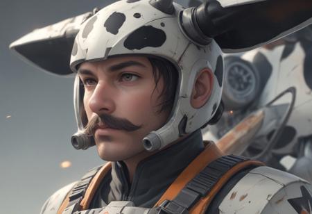 Create a hyper-realistic artwork with a close-up of an action general uniform on a time machine background. Incorporate elements inspired by Mikecow, with an orange and white color scheme reminiscent of post-punk aesthetics. The uniform should be designed in the style of General Uniform, inspired by Glen Angus, and feature a large, distinctive moustache. In the background, include an X-wing and a flying cow, as seen in the works of An Gyeon. Ensure the artwork is a full product shot with a zineisk and hyper-realistic style, utilizing Octane render and depth of field. Apply a 35mm film grain effect and aim for an 8k resolution. Trending on Artstation, this artwork should also be artgem-worthy.