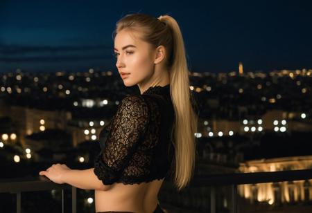 Close-up of an enticing young European woman with long blonde hair in a high ponytail, in a black lace bra, arching her body slightly on a city balcony, night lights illuminating her figure, photorealistic quality, shot with a Panasonic Lumix S1R, Lumix S Pro 50mm f/1.4 lens.