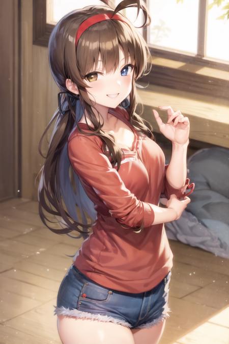 ryoubi \(senran kagura\), jeans, heterochromia, shirt, small breasts, hairband, brown hair, white pupils, smile, indoors, <lora:ryoubi-07:0.6>