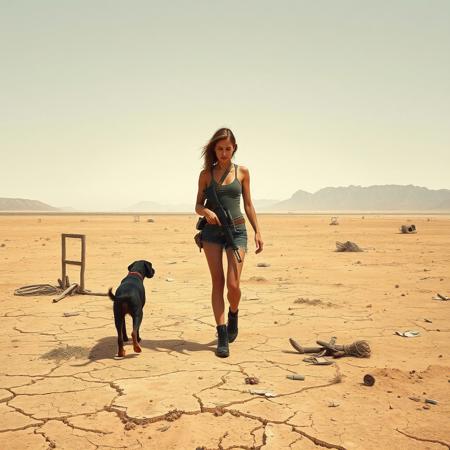 A 20-year-old girl walking through a barren, apocalyptic desert landscape with her dog. She wears torn shorts and a ripped top, showing signs of wear and struggle. She carries a rifle slung over her shoulder, ready for any danger that may arise. The desolate expanse stretches endlessly, with no mountains in sight, only dry, cracked earth and scattered debris. The sky above is hazy, casting a harsh light on the wasteland. The scene captures a sense of isolation and survival, rendered in a gritty, realistic style
