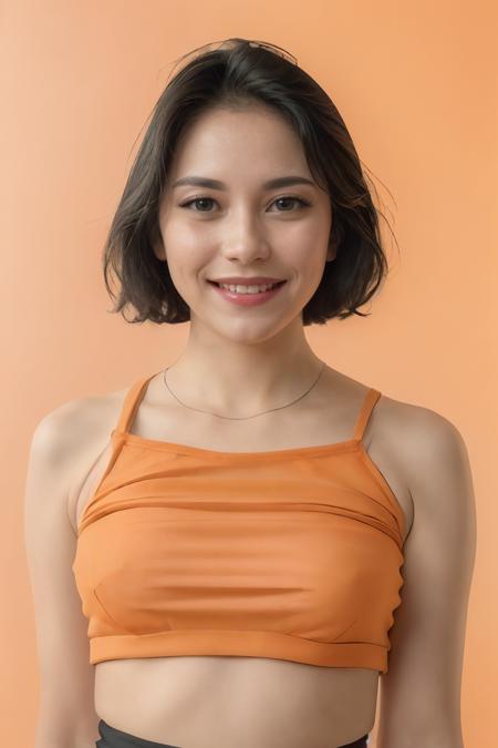 analog film photo solo, gstyle, realistic, ((woman)), (((short hair))), (((happy512))), (((Midi skirt, crop top, and strappy sandals.))), ((Simple Light Orange background:1.5)), ((dynamic pose)), high detailed, 8k, clear facial features, <lora:PAseer-SD15-LCM Quick:1> <lora:ReaLora:.2> skin <lora:GStyle_-_Photography_Style:.4> <lora:IDM_-_Ghisela_Kell:1> ghiselakell . faded film, desaturated, 35mm photo, grainy, vignette, vintage, Kodachrome, Lomography, stained, highly detailed, found footage