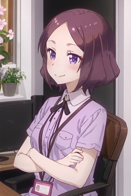 best quality, masterpiece, highres, solo, {tooyama_rin_newgame:1.15}, short_hair, brown_hair, purple_eyes, blush, purple_hair, smile, 1girl, upper_body