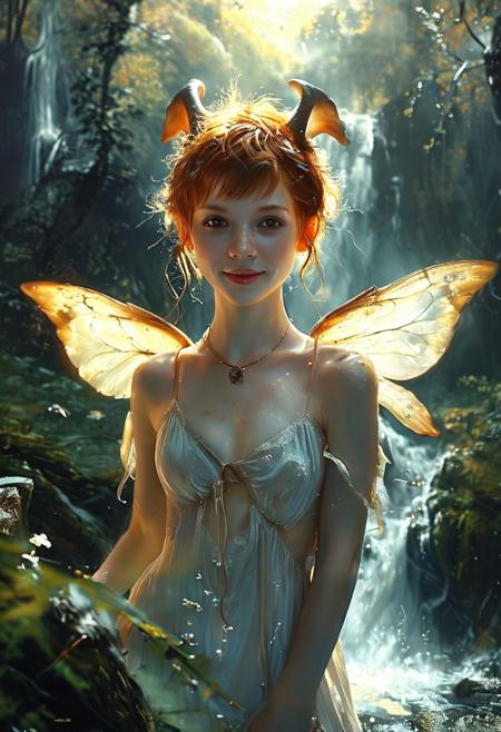 pixie cut hair sexy Fairy, mixed among the wild ginger hair, little horns on the head, aesthetic face, glowing eyes, amber eyes, round eyes, very small nose, big ears, small lips, small mouth, small head, freckles, smile,  wings, realistic, inciting, full-length female-body, wide angle, beautiful , fantasy forest in background, advntr, waterfall, style of Andreas Achenbach