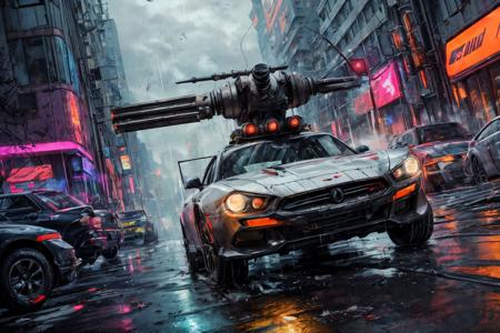 (RAW photo, 8k uhd, Analog style, Masterpiece, Best Quality, Highres:1.3), (dramatic, cinematic:1.2), BREAK,
movie shot of (ultra-detailed:1.1), (striped:1.3) (military:1.4) (cyberpunk:1.3) (battlecar:1.35) (armed with turret machine gun and grenade launchers:1.33) (rushing:1.3) through (cyberpunk city street:1.35), ((glossy:1.1) technological futuristic design:1.2), (drifting:1.3), (neon lights:1.1), (wet asphalt, reflections:1.2), (firing tires:1.35), (water splash, puddles:1.32), (debris:1.32), (steam:1.3), (frightened:1.1) (pedestrians:1.4), (bright day:1.15), (daytime:1.15) (cloudy sky, (rain:1.1):1.2), (skyscrapers:1.15), BREAK,
(photorealistic:1.2), (dutch angle:1.4), (light particles, colorful:1.2), (action movie scene, dynamic composition, fast, chasing:1.3), (motion blur, motion lines:1.3), (cyberpunk, science fiction, blockbuster, military vehicle, volumetric light:1.3), (daylight:1.2) (noir:0.5) (urban atmosphere, vehicle focus, cinematic tone, toxic, glowing, intricate, electricity, purple orange green color scheme, graffiti, (dust:1.1), no humans:1.2), BREAK,
<lora:more_details:1.0>,
<lora:zoom_slider_v1:2.0>