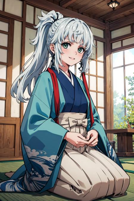 masterpiece, best quality,  <lora:yuishousetsu-nvwls-v1-000010:0.8> yuishousetsu, ponytail, japanese clothes, tassel earrings, white skirt, seiza, indoors, japanese architecture, smile, looking at viewer