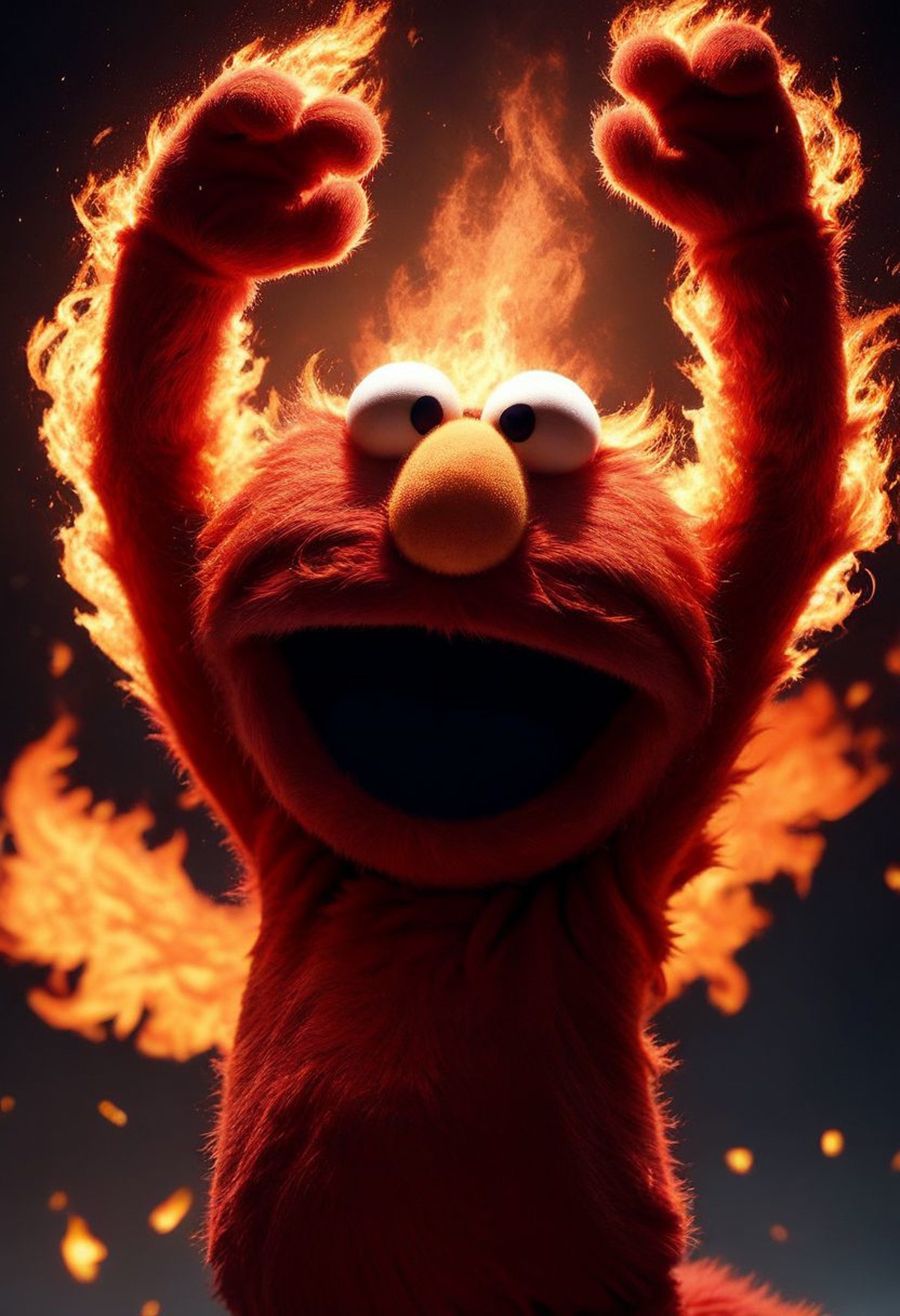 score_9, score_8_up, elmo, muppet, (cute), red fur, thin torso, demonic laugh, arms up, arms straight, looking upwards, up...
