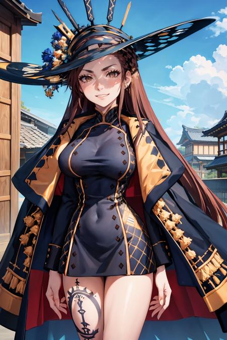 masterpiece, best quality, <lora:fsrdorothea-nvwls-v1-000009:0.9> fsrdorothea, hat, black dress, jacket on shoulders, leg tattoos, large breasts, japanese architecture, blue sky, looking at viewer, furrowed brow, grin