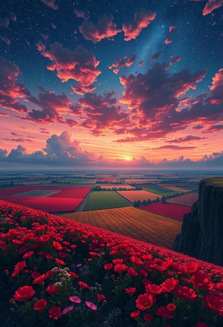 Vibrant fields, extremely detailed sky, from high cliff, starry sky, dark night, clear view, bright rerd flower fields, beautiful fields, very bright, anime landscape, (upper half:), busy clouds, red clouds, the storm is brewing, 8k wallpaper, romantic, perfect quality, absurdres, highly detailed, vibrant, beautiful oil matte painting
