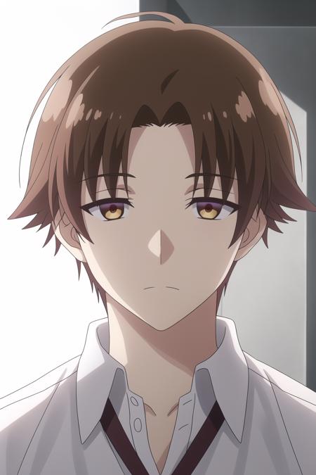 ayanokouji kiyotaka, 1boy, male focus, brown hair, brown eyes, white shirt, pov, upper body,