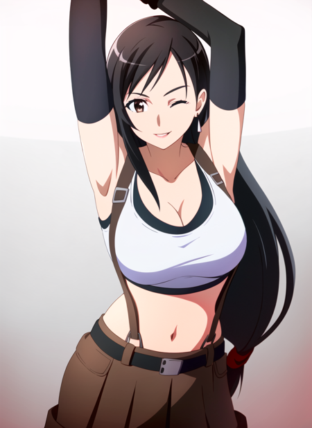 sao anime style <lora:sao_anime_style_offset:1>,  tifa lockhart, 1girl, thick lips, arm up, armpits, artist name, belt, black hair, breasts, brown eyes, cleavage, closed mouth, collarbone, cowboy shot, crop top, earrings, elbow gloves, elbow pads, gloves, gradient background, jewelry, large breasts, lips, long hair, low-tied long hair, midriff, navel, one eye closed, simple background, skirt, smile, solo, stomach, suspenders, tank top, upper body, ((masterpiece)) <lora:tifa_lockhart:0.6>