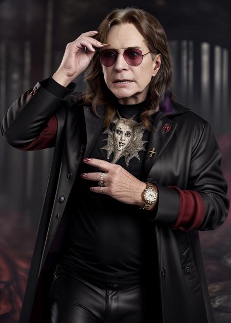 ozzy, brown hair, shirt, long sleeves, jewelry, male focus, realistic, Wrapped in red fog, ozzy, looking at viewer, smile, open mouth, glasses, pants, nail polish, coat, black pants, sunglasses, ring, black nails, watch, wristwatch, multiple rings, grey coat