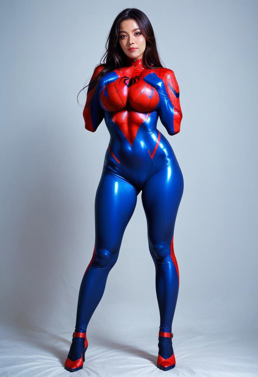 score_9,score_8_up,score_7_up,score_6_up, realistic, 1girl, solo, beautiful face, black long hair, japanese girl, 25yo, calm, sharp eyes, big full breast, curvy body, blue bodysuit, red bodysuit, multicolored bodysuit, skintight, tight gloves, spiderman, standing, hand spreading breast, full body view, white simple background, sjvgxq, Expressiveh