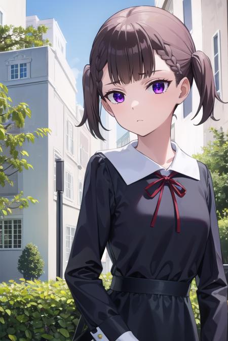 makishijou, <lyco:makishijou-lyco-nochekaiser:1>,
maki shijou, bangs, blunt bangs, (purple eyes:1.1), twintails, two side up, braid, short twintails,
BREAK long sleeves, dress, ribbon, school uniform, black dress, red ribbon, neck ribbon, collared dress, shuuchiin academy school uniform,
BREAK outdoors,
BREAK looking at viewer, (cowboy shot:1.5),
BREAK <lyco:GoodHands-beta2:1>, (masterpiece:1.2), best quality, high resolution, unity 8k wallpaper, (illustration:0.8), (beautiful detailed eyes:1.6), extremely detailed face, perfect lighting, extremely detailed CG, (perfect hands, perfect anatomy),