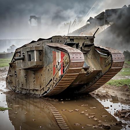 RAW photo, a military mkiv17 with camouflage, white numbers and a flag painted on mk1iv7 side, (a group of british soldiers carrying the union jack flag:1.2), moving through a muddy field under heavy rain, the great war, heroism, patriotism, propaganda, inspirational, Verdun, Ypres, Passchendaele, explosions, artillery, smoke, mist, chaos, fire, war, zoomed out, war photography, smoke, craters, ruins, cinematic, lens flare, mud projection, 8k uhd, dslr, soft lighting, high quality, film grain, Fujifilm XT3, ultra realistic, metallic, reflection, <lora:mkiv17_v1:1>