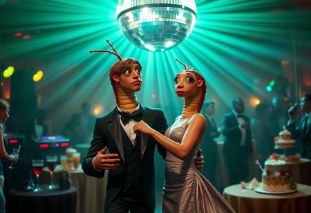 An anthropomorphic male worm dancing with an anthropomorphic female worm at a prom. The male worm wears a sleek, tailored suit, and the female worm wears an elegant, flowing dress. Both are detailed with expressive features. In the background, there are DJs, drinks on tables, flashing lights, and cakes. A strobo disco ball spins above, casting dynamic reflections. The scene is high-detail with cinematic Panavision anamorphic lenses, enhanced by greenish color correction to create a dramatic atmosphere, capturing the lively energy of the prom night