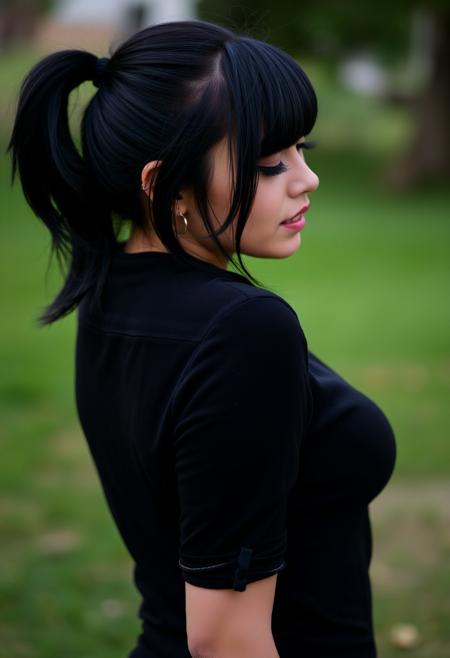 black hair, small breasts, bent over, outdoors, shirt, closed eyes, nail polish, ponytail
all fours, blurry,makeup,piercing,teeth,looking back,mole on ass, back,open mouth,