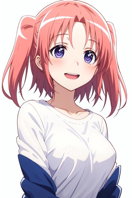 Yonomori Kobeni,(white background:1.2),upper body,open mouth, medium breasts, smile,