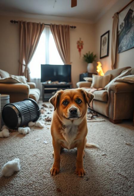 iphone photo of an embarrassed young dog looking at the floor to avoid eye contact knowing it just disobeyed, behind the dog we can see a living room with the sofa and armchairs torn open, fluffy pillow stuffing scattered around, shattered tv set fallen to the ground, dirty smears on the walls, flipped garbage can with litter on the carpet, torn window curtains and a small fire in a corner
