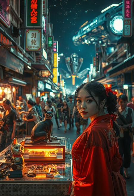 Setting is a futuristic cyberpunk street market at night, the market is comprised of street vendors selling robot parts, food, weapons, and robots. People wearing futuristic cyberpunk clothing are walking through the street market shopping and eating, A sleek black cat with red collar sits on a cluttered metal riveted desk with transparent top and micro-LED lighted computer components visible inside, On the desk is an ebony and gold maneki neko statue and futuristic art deco lighting, (((a beautiful woman, 24 years old, is standing in the foreground facing the viewer, she has an expression of interested curiosity)))))), the sleek black cat with red collar is sitting on the desk and watching the people walking by in the busy street market, the woman is dressed in futuristic cyberpunk Japanese style yukata with a plunging neck line alluring but Japanese classic aesthetic. An enormous art deco inspired starship with futuristic lighting and an enormous space station are visible in the background among the stars, The woman's hair is elegantly tied up with a ribbon. Artistic cyberpunk, dynamic perspective, (((overall architectural aesthetic is Art Deco Cyberpunk))).  Epic image that elicits a feeling of wonder and awe,