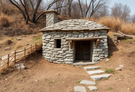 stone house realistic style, merging with the environment, dug into the ground on scats