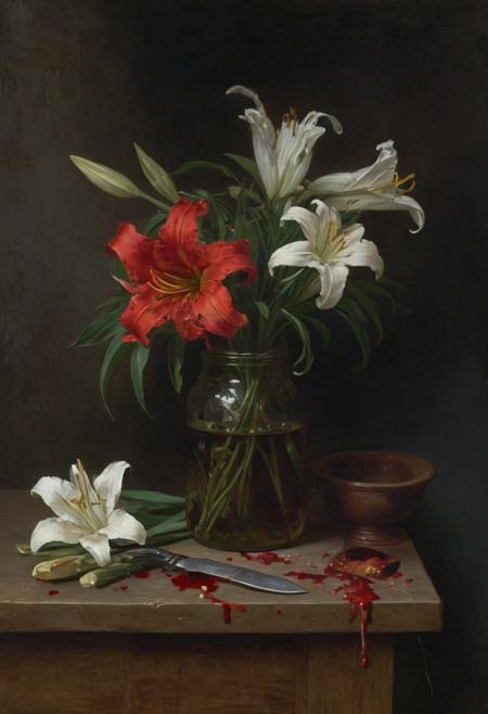 (an oil painting:1.4) dark and moody portrait of still life, a jar with [ lilies : white lilies : 4], blood splatters on flowers, antique knife on a table, (by WllBgr, bougeureau:1.4) <lora:bouguereau_XL_resize:0.8>. high quality, 4k