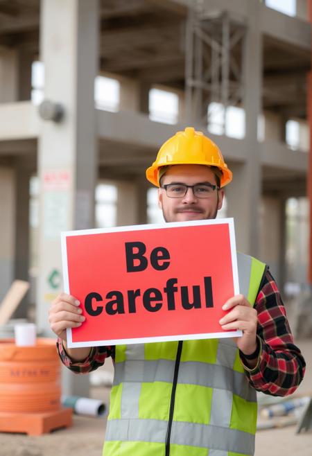 A man wearing a hard hat on a construction site holds a sign that reads: Be careful
