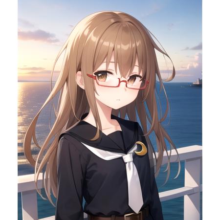 ((masterpiece)),(best quality),official art,extremely detailed CG,unity 8k wallpaper,ultra detailed,A lighthouse on a cliff by the sea,1girl,solo,upper body,(portrait:1.2),glasses,brown_hair,long_hair,black_shirt,school_uniform,brown_eyes,skirt,serafuku,red-framed_eyewear,crescent_pin,long_sleeves,white_socks,white_necktie,belt,looking_at_viewer,loafers,<lora:Mochizuki(kan)>,