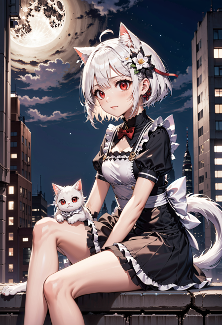 maid uniform, 1girl, sitting, red eyes, flower hair ornament, floating hair, cat ears, white hair, short hair, head tilt, from side, cyberpunk city London, Arasaka building, night sky milky way, full moon, cel shaded, flat colors