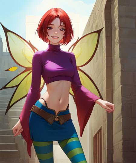 Will, short red hair, brown, solo, standing, smiling,  cowboyshot
Vandom,midriff ,wide sleeves, green-blue striped pantyhose, purple turtleneck, purple boots,  navel,  miniskirt, 
fairy wings, 
(insanely detailed, beautiful detailed face, masterpiece, best quality) cinematic lighting,  
mature,  <lora:WillVandom-10v2:0.7>