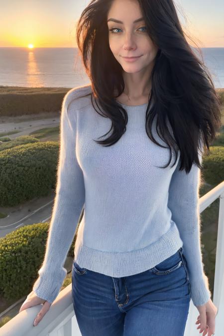 walking on a cliff, sunset, beautiful eyes, high detail skin, high detail eyes, high detail hair, highres, ultra detailed, sharp picture, Highly detailed, masterpiece, best quality , <lora:catarinassecretLoRA:1> catarinassecret with long black hair, wearing blue pullover and jeans, small breasts