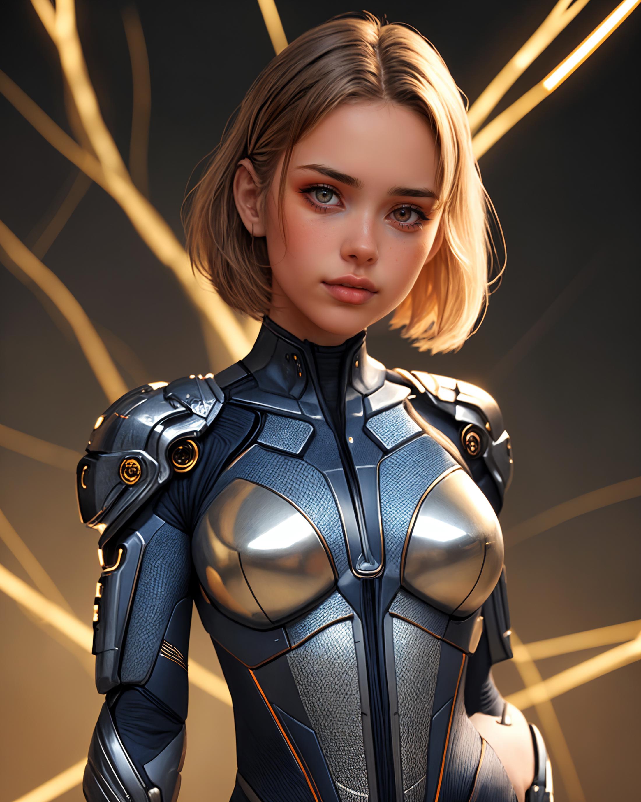 The Illustration of a Beautiful Blond-Haired Woman in a Blue, Shiny, Futuristic Outfit