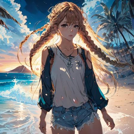 best quality, masterpiece, 4k, highres, anime film, intricate detailed, hdr, 1girl, Delicate, Long Double Dutch Braid Hairstyle, boxer shorts, A serene beach with palm trees and crystal clear waters, Angles, Chromatic, Graffiti, low key, strobe, edge light, In a blinding flash, the explosion engulfs everything in its path, leaving destruction in its wake, dynamic angle,