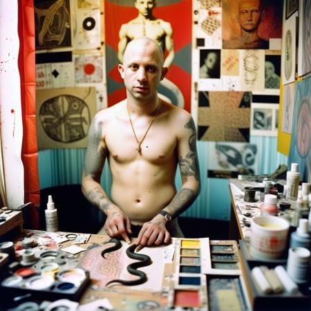 A documentary mid-closeup mixed media photograph, collage, printmaking , silkscreen, paint, The chaotic mind of an artist,  extremely handsome, shaved clean bald headed man, with snake tattoos, in his messy studio. 
Works in progress behind him , Leica M3, 50mm lens, film grain, Kodachrome cross processing over bleached, 
Marianna Rothen Style page,Robert Rauschenberg Style