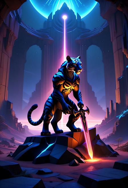 voronoi, basalt columns, pixelized, voxels
voxelized, lowpoly, low-poly, low-poli, 
Glowing Tiger-striped panther. Its body is covered in occult sigils and runes which pulse ominously. It has an impractically huge Excalibur sword.
3d-rendering, concept-art, digital, dreaminess, futuristic, multimedia, sculpture, virtual-reality, 
eeriness, fantasy, photorealism, other-worldliness, realism, sci-fi, technological, alien worlds, advanced civilizations, 
beautiful, painterly, textural, artistic, aesthetic, 
intricate details, highly detailed, ultra-detailed, absurdres, vivid, vibrant, volumetric lighting, 
aid291, midjourneyv6.1,