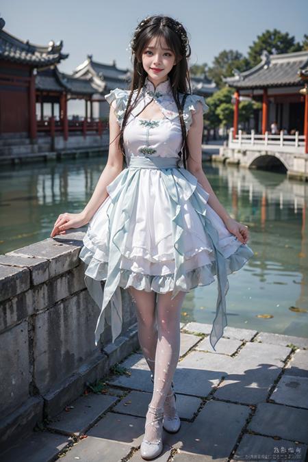 best quality, masterpiece, realistic, (photorealistic:1.4), 1girl, solo, full body, looking at viewer, smile, cns attire, white dress, pantyhose, detailed background, standing, chinese garden, water, <lora:cns_dress_style6_v2:0.7>