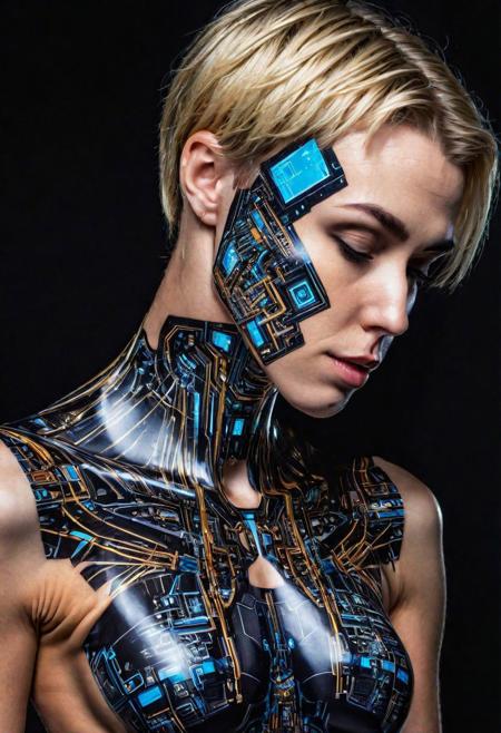 ( Ultradetailed desing T-Shirt square inside portrait woman and take only head Android man and kissing, Sci-Fi marc , 8k , tecnology detailed,chips, mechanism, beautiful neon colors , blonde and black hair, scuare desing:1.0)