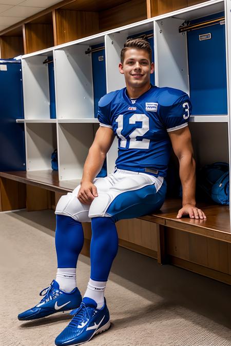 in an American football locker room, (sitting on a bench), legs spread open, JeroenMondrian, American football player wearing American football uniform, American football shoulder pads, (((blue  jersey))), jersey number 12, ((blue football pants and pads)), (white socks), (blue sneakers), slight smile, masterpiece, (((full body portrait))), full body shot <lora:JeroenMondrian-000008:0.75>